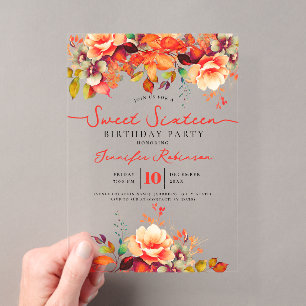 Invitations En Acrylique Fête d'anniversaire Girly Floral Automne 16 ans