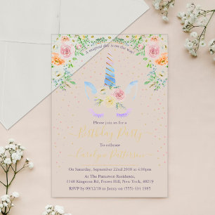 Invitations En Acrylique Fête d'anniversaire licorne aquarelle arc-en-ciel 