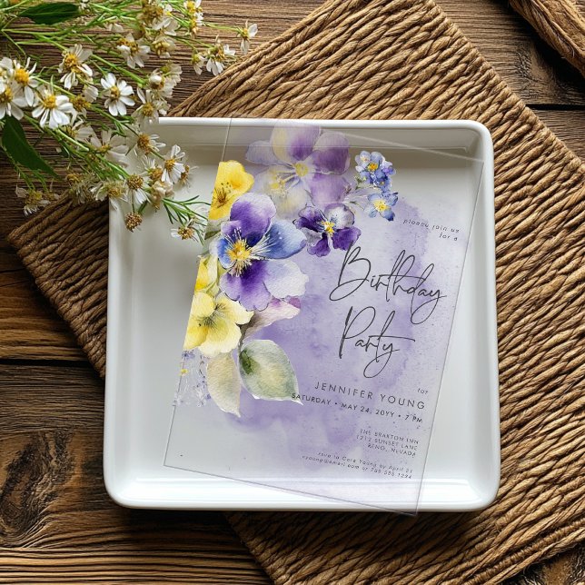 Invitations En Acrylique Fête d'anniversaire moderne florale violet et jaun (Purple & Yellow Floral Modern Birthday Acrylic Invitations)