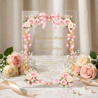 Invitations En Acrylique Fête d'anniversaire Rose Florale pour Quinceañera