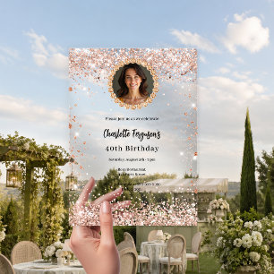 Invitations En Acrylique Fête d'anniversaire rose gold diamant photo claire