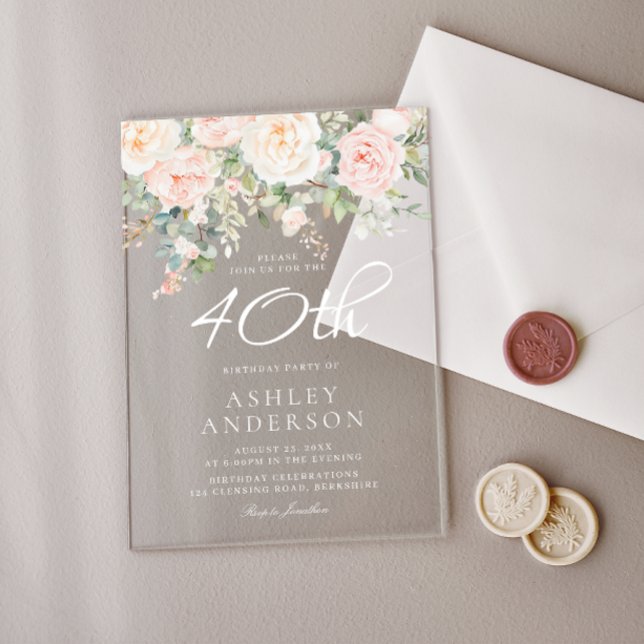 Invitations En Acrylique Fête de 40e anniversaire des femmes rose pâle (Créateur téléchargé)