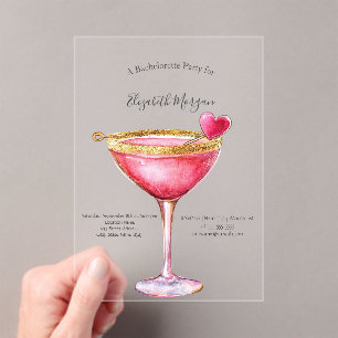 Invitations En Acrylique Fête de Bachelorette Cœur de Cocktail Rose Aquarel