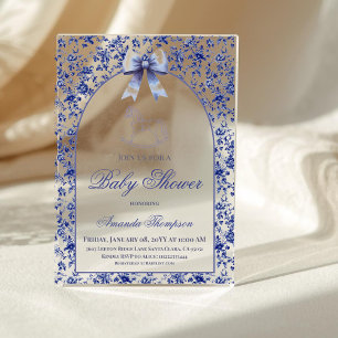 Invitations En Acrylique Fête de Bébé Cheval à Bascule Toile Bleue Vintage