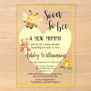 Invitations En Acrylique Fête de Bébé Fille Ours en Miel Maman-à-l'Avenir A