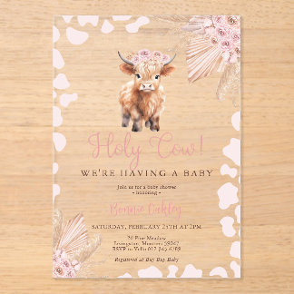 Invitations En Acrylique Fête de bébé Fleur Séchée Bohème Vache Sainte Rose