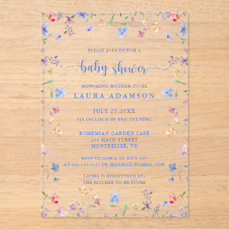 Invitations En Acrylique Fête de Bébé Fleurs Sauvages Aquarelle Colorée