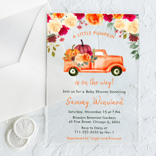 Invitations En Acrylique Fête de bébé Floral automne citrouille camion