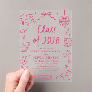Invitations En Acrylique Fête de fin d'études 2028 dessinée à la main moder