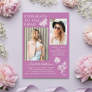 Invitations En Acrylique Fête de fin d'études avec photo de papillon violet