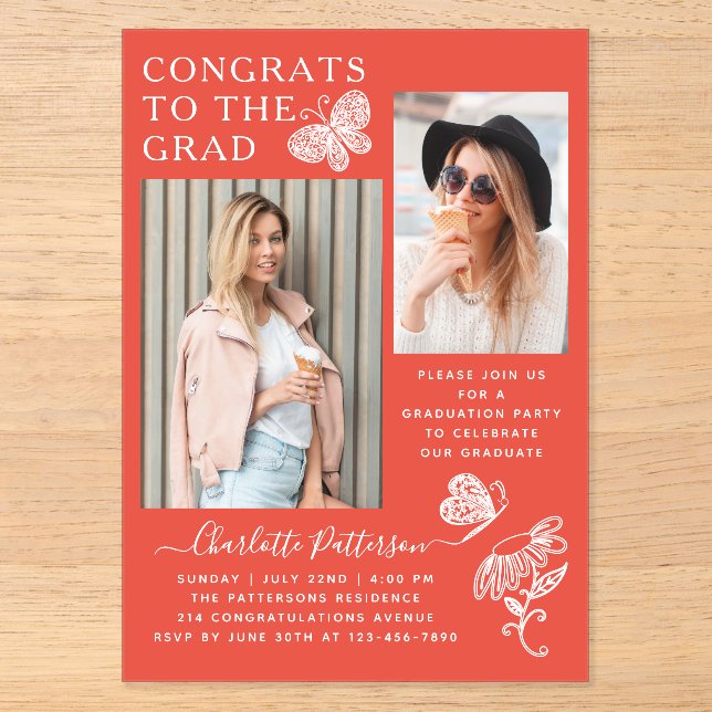 Invitations En Acrylique Fête de graduation photo de Papillon blanc rouge m (Recto)