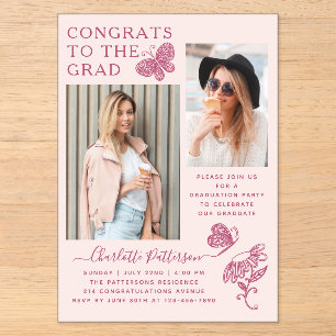 Invitations En Acrylique Fête de graduation photo papillon rose moderne