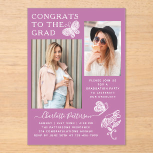 Invitations En Acrylique Fête de graduation photo papillon violet moderne