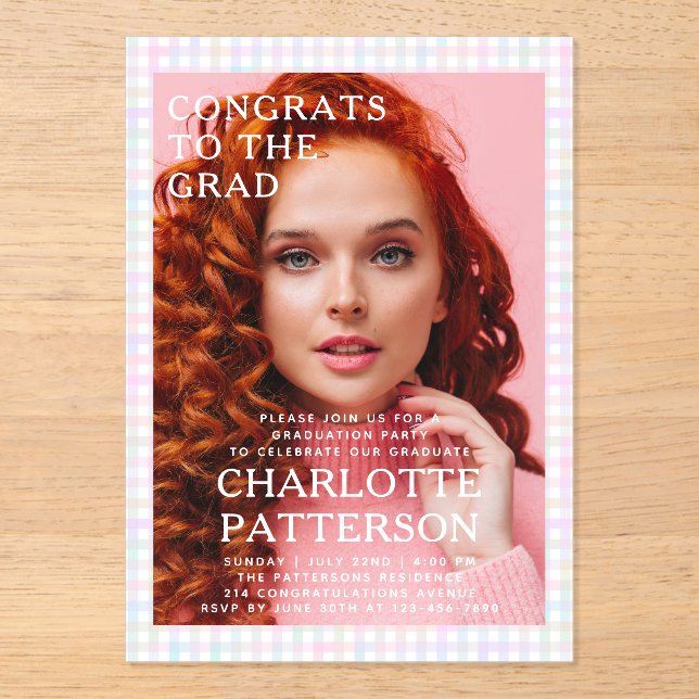 Invitations En Acrylique Fête de graduation photographique En vichy multico (Recto)