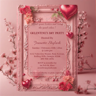 Invitations En Acrylique Fête de la Galentine Party Cœur Floral Pastel Rose