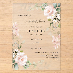 Invitations En Acrylique Fête de mariage floral rose poudré et eucalyptus