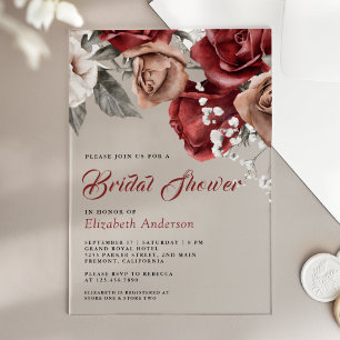Invitations En Acrylique Fête de Mariage Florale Roses Rouge Bourgogne