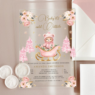 Invitations En Acrylique Fête de naissance Ourson Floral Or Rose Hiver