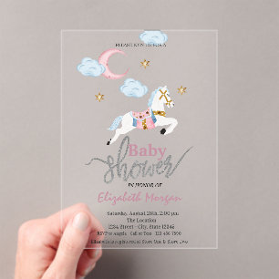 Invitations En Acrylique Fête de naissance Petite Poney Rose Aquarelle