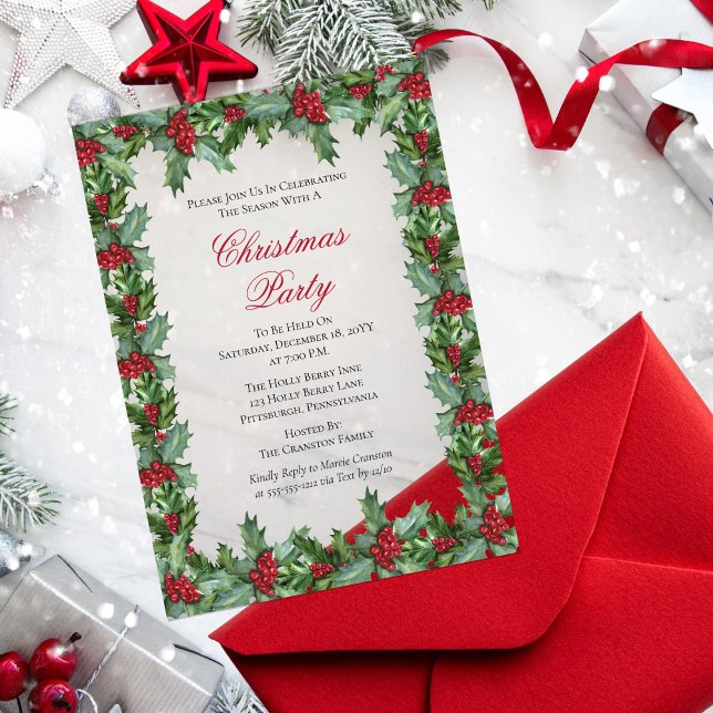 Invitations En Acrylique Fête de Noël Elegant Holly et Berries (Elegant Holly and Berries Frame Christmas Holiday Party  Acrylic Invitation )