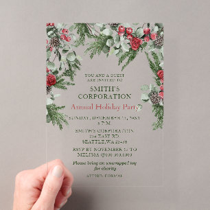 Invitations En Acrylique Fête de Noël Entreprise Elegant Pine Berries