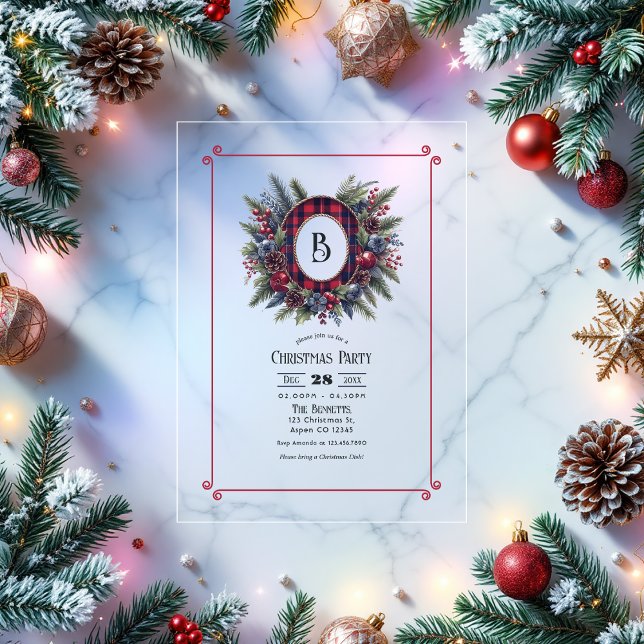 Invitations En Acrylique Fête de Noël riche en monogramme (Rich Plaid Monogram Christmas Party Acrylic Invitation)