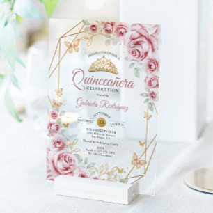 Invitations En Acrylique Fête de Quinceanera florale en or rose
