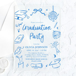Invitations En Acrylique Fête de remise de diplômes bleue dessinée à la mai