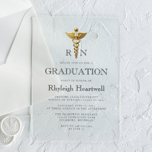 Invitations En Acrylique Fête de remise de diplômes Caducée Or Infirmière D