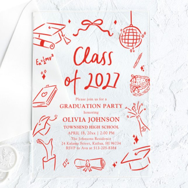 Invitations En Acrylique Fête de remise des diplômes de la promotion 2027 d (Modern Hand Drawn Class of 2027 Graduation Party Acrylic Invitations)
