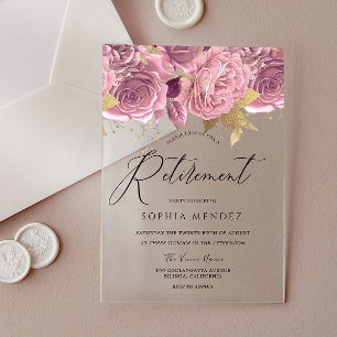 Invitations En Acrylique Fête de retraite florale rose poudré or stupéfiant