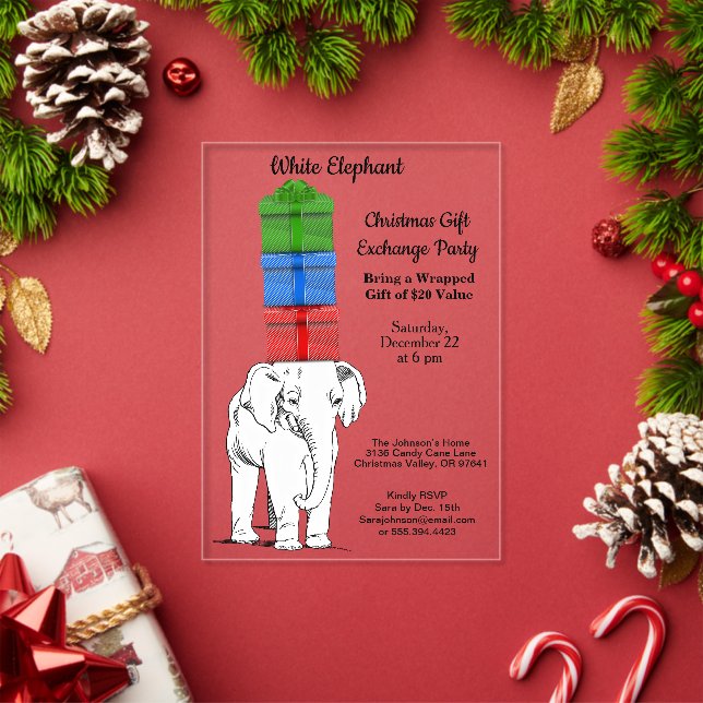 Invitations En Acrylique Fête d'échange de cadeaux empilés d'éléphant blanc (Insitu (vacances))