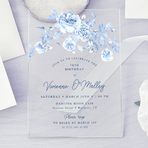 Invitations En Acrylique Fête des 70 ans Dusty Blue Floral