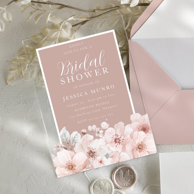 Invitations En Acrylique Fête des mariées de cadre en aquarelle rose roux (Créateur téléchargé)