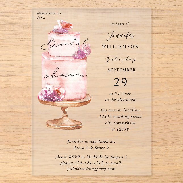 Invitations En Acrylique Fête des mariées de gâteau rose (Recto)