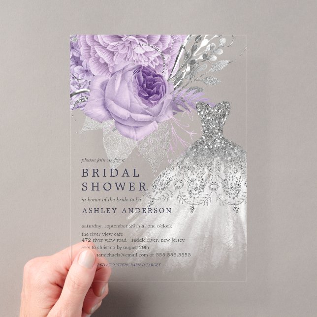 Invitations En Acrylique Fête des mariées de robe Mariage lavande argent (In situ (ordinateur de poche))
