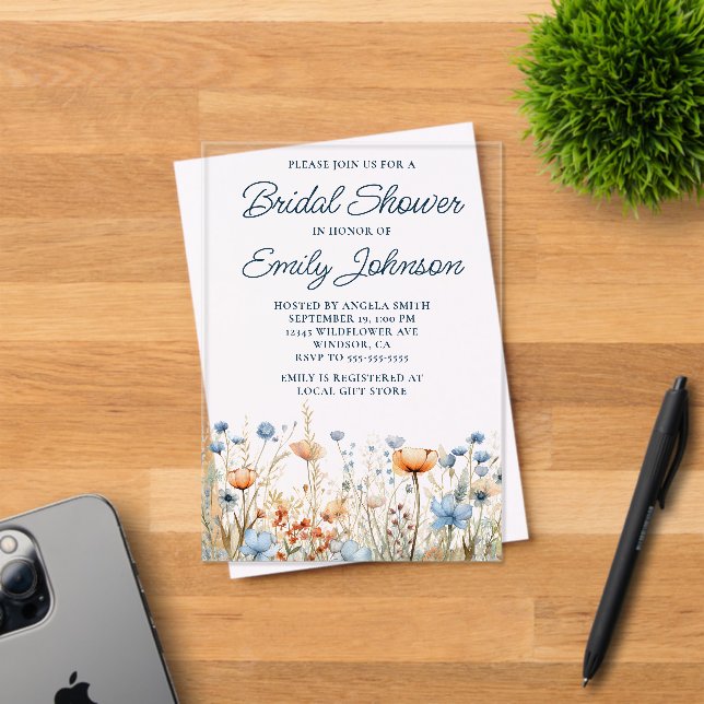 Invitations En Acrylique Fête des mariées Fleur sauvage de pêche bleue Dust (Insitu (Carte d'invitation))