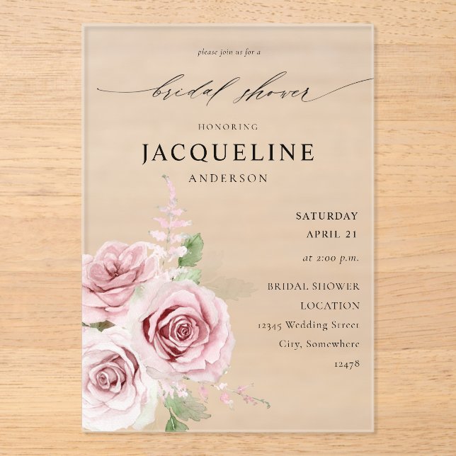 Invitations En Acrylique Fête des mariées florale rose pâle (Recto)