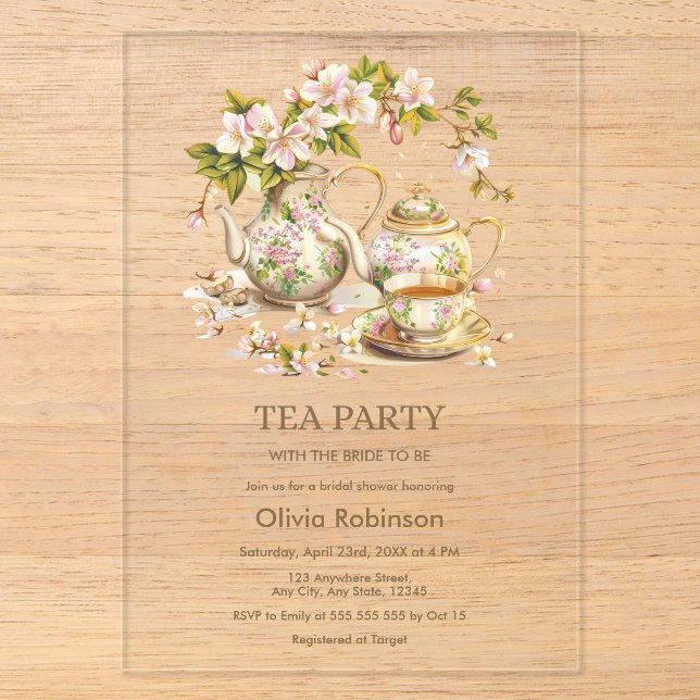 Invitations En Acrylique Fête des mariées Florale Teapot Tea Party (Recto)