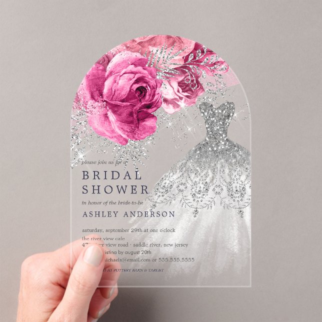 Invitations En Acrylique Fête des mariées Mariage rose et argent (In situ (ordinateur de poche))