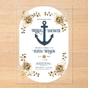 Invitations En Acrylique Fête des mariées nautique Ancre Blue Gold Floral
