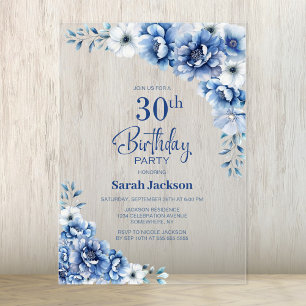 Invitations En Acrylique Fête du 30e anniversaire de la Blue Floral