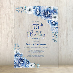 Invitations En Acrylique Fête du 75e anniversaire du Blue Floral élégant