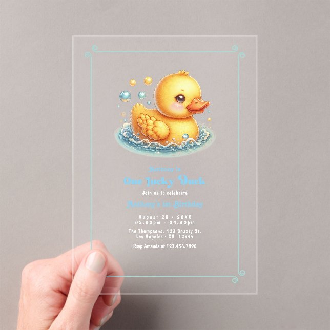 Invitations En Acrylique Fête du premier anniversaire d'un canard chanceux (In situ (ordinateur de poche))