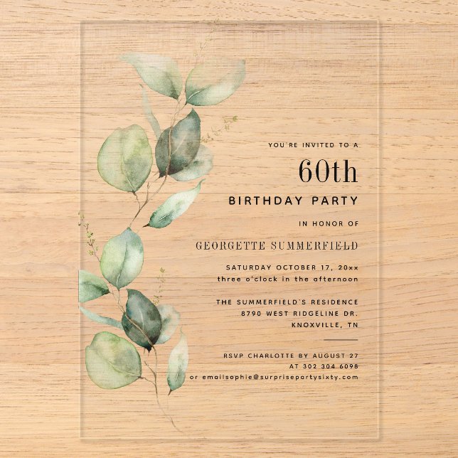 Invitations En Acrylique Fête élégante de 60 ans avec Eucalyptus (Recto)
