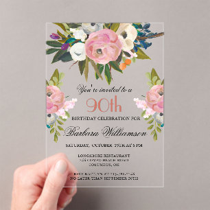 Invitations En Acrylique Fête élégante de 90 ans avec fleurs peintes à la m