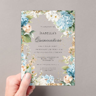 Invitations En Acrylique Fête élégante de Quinceañera florale bleue 15 ans