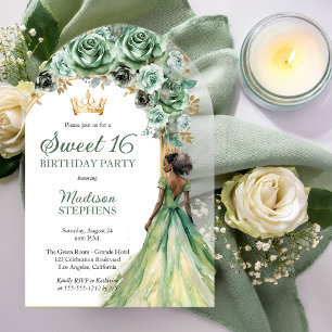 Invitations En Acrylique Fête élégante de Sweet 16 aux roses florales vert 