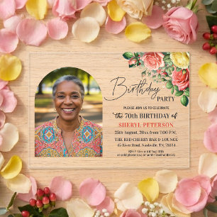 Invitations En Acrylique Fête élégante florale avec photo pour les 70 ans