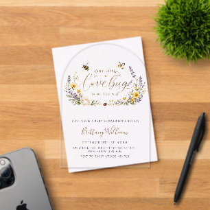 Invitations En Acrylique Fête minimale de bébé Fleurs sauvages et insectes
